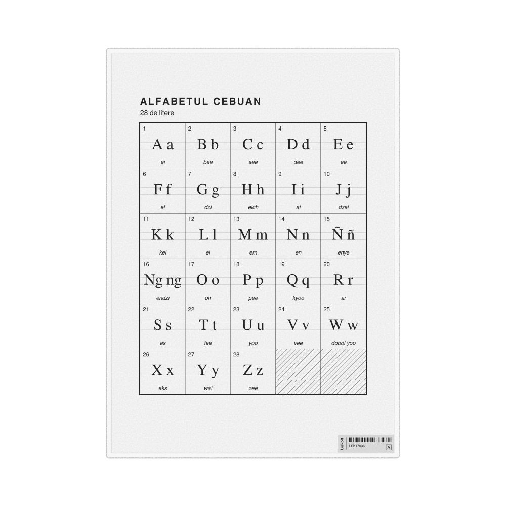 Leskoff Cebuano Alphabet Chart, 8.3 x 11.7 in (21.0 x 29.7 cm, Desk Chart, Laminated), Romanian-Labeled, image 1 of 2