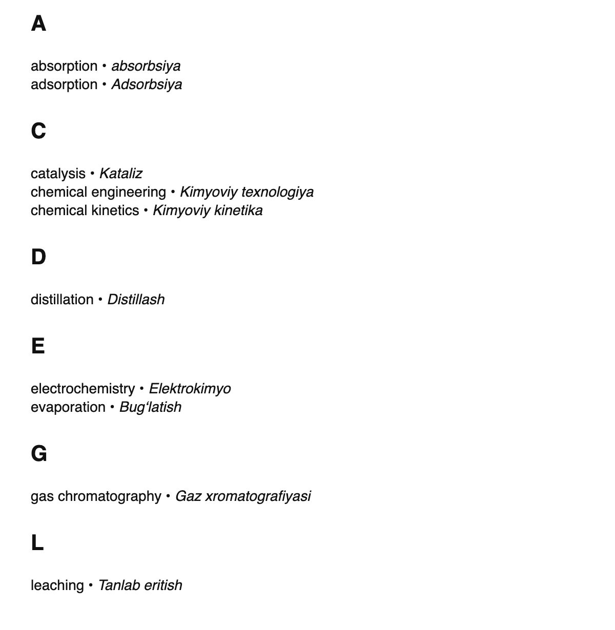 Chemical engineering terms in Uzbek
