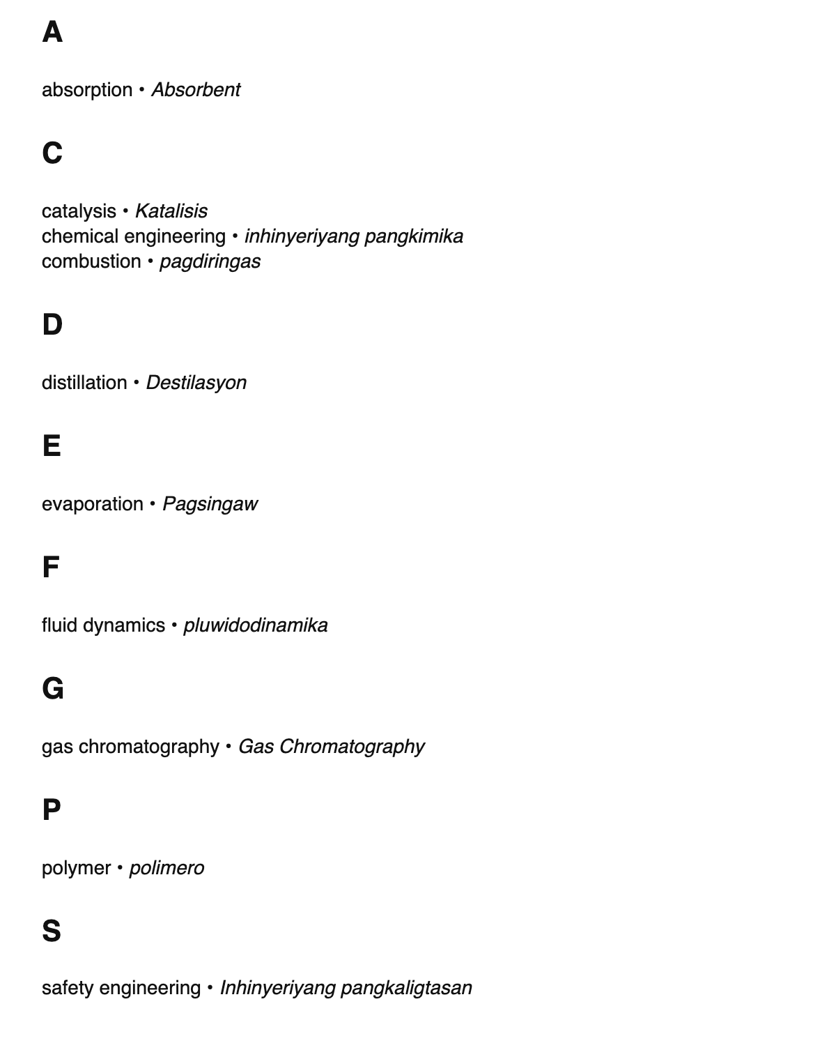 Chemical engineering terms in Tagalog