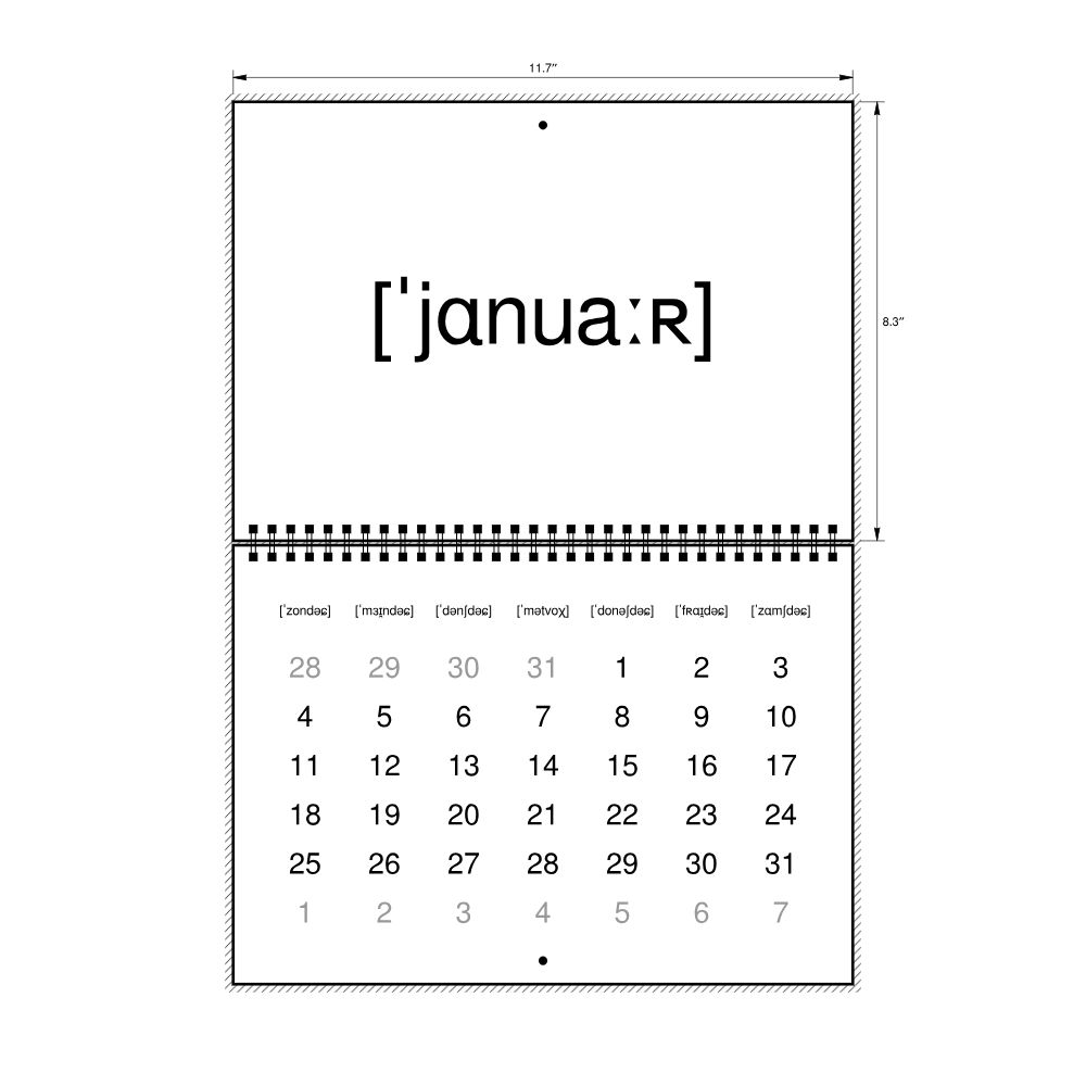 Leskoff 2026 Phonetic Wall Calendar, IPA-Labeled (Luxembourgish), Sunday-Start Layout, Wire-Bound, 11.7 x 8.3 in (29.7 x 21.0 cm), image 2 of 2