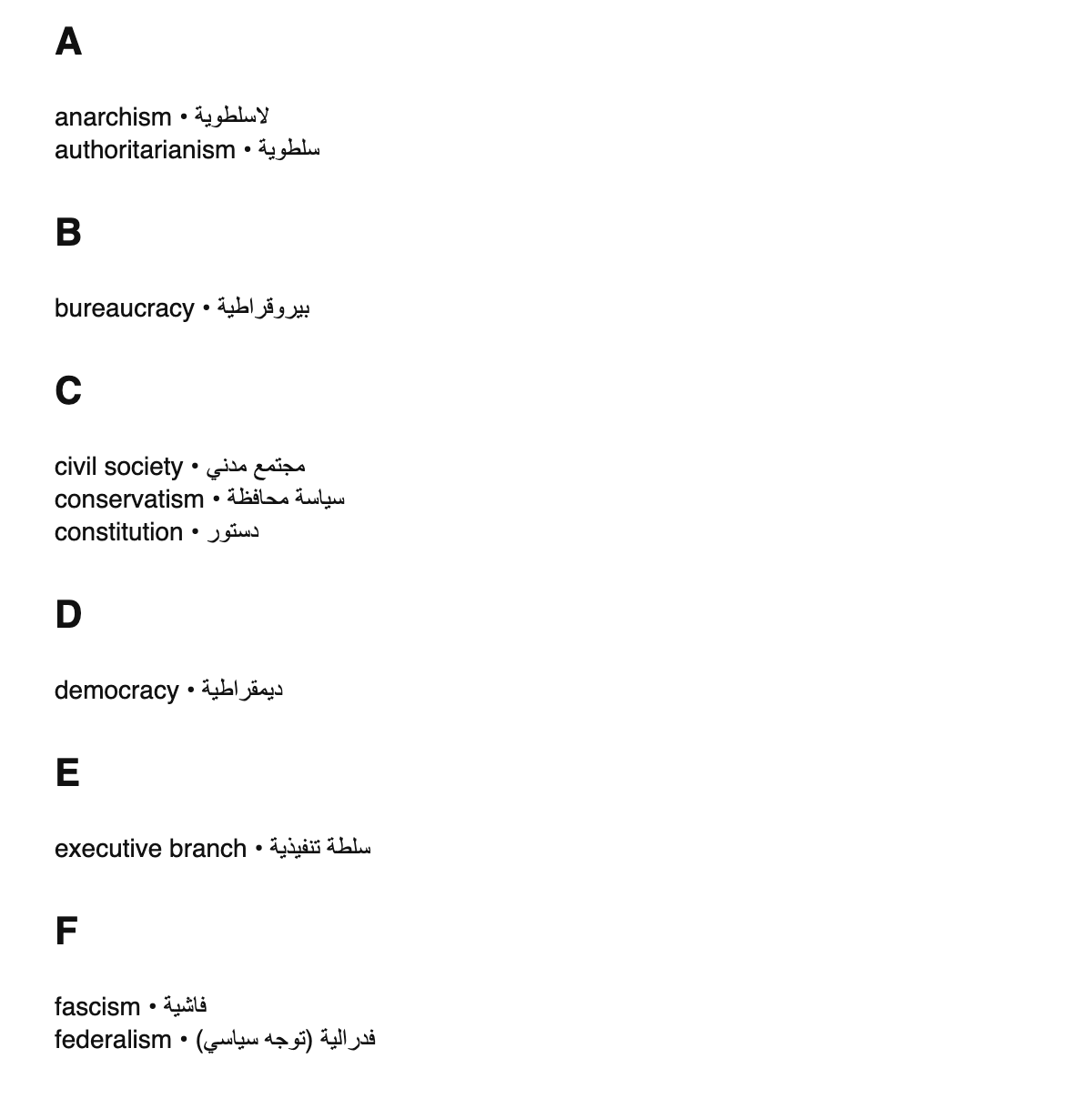 Political science terms in Arabic