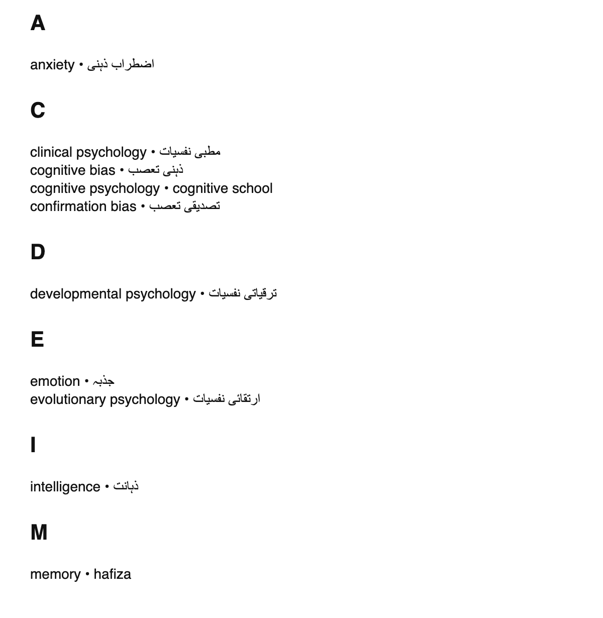 Psychology terms in Urdu