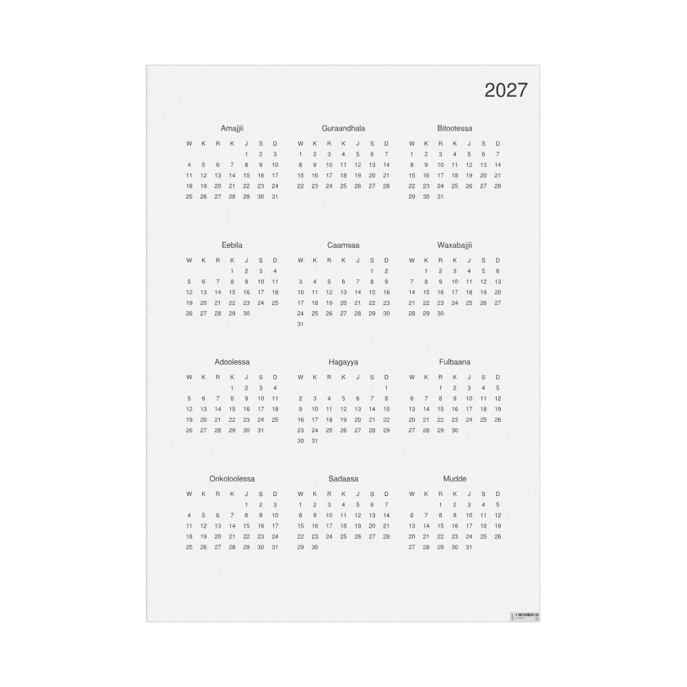 Leskoff 2027 Wall Calendar, Oromo-Labeled, Monday-Start Layout, Poster / Wall Print, 23.4 x 33.1 in (59.4 x 84.1 cm), image 1 of 1