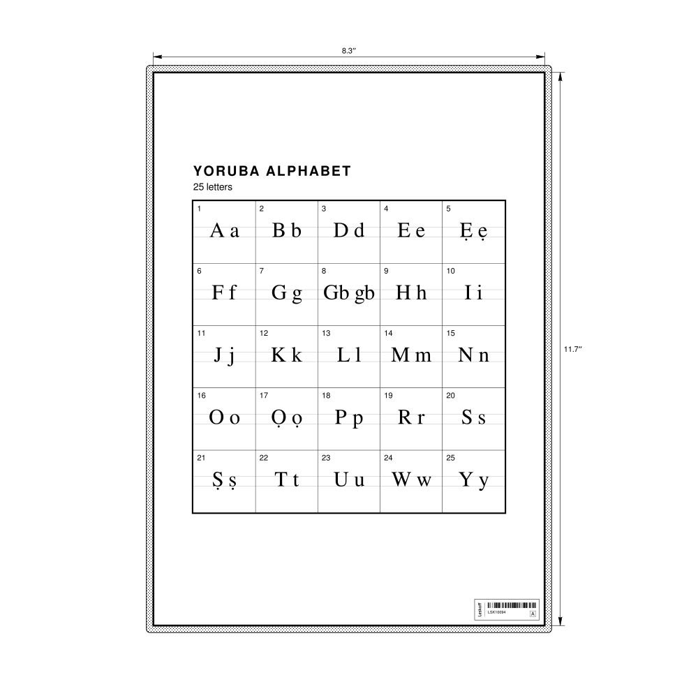 Leskoff Yoruba Alphabet Chart, 8.3 x 11.7 in (21.0 x 29.7 cm, Desk Chart, Laminated), image 1 of 2