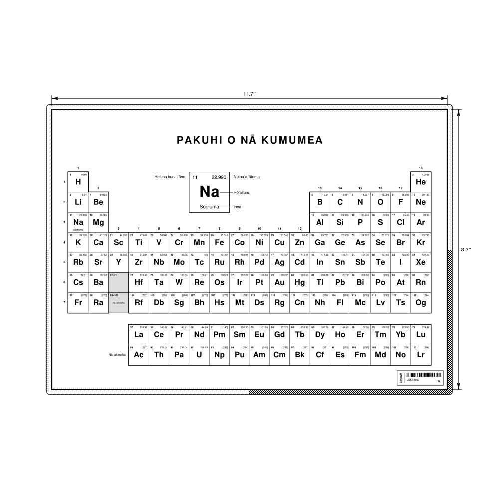 Leskoff Periodic Table Chart, 11.7 x 8.3 in (29.7 x 21.0 cm, Desk Chart, Laminated), 18-Column Layout, Hawaiian-Labeled, image 1 of 2
