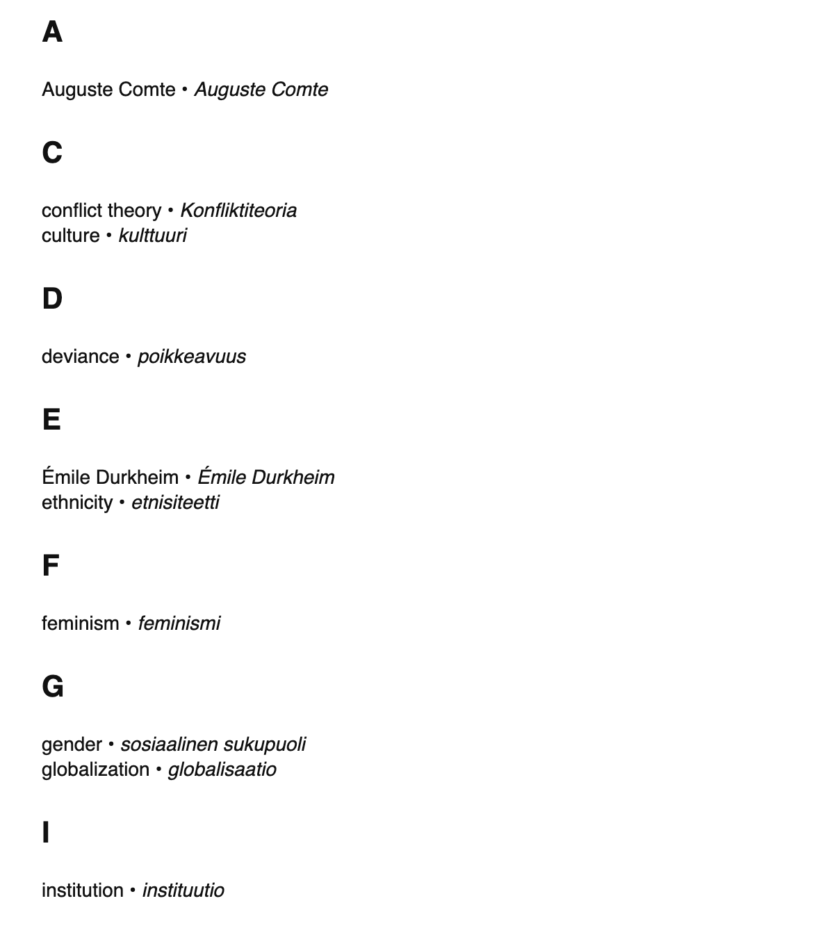 Sociology terms in Finnish