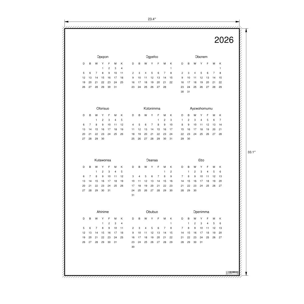 Leskoff 2026 Wall Calendar, Akan-Labeled, Monday-Start Layout, Poster / Wall Print, 23.4 x 33.1 in (59.4 x 84.1 cm), image 2 of 2