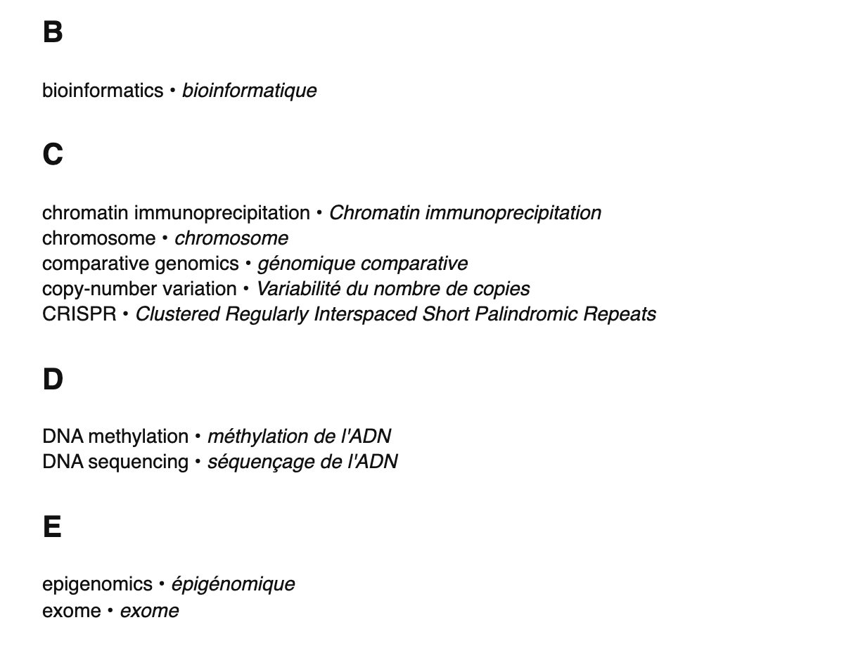 Genomics terms in French