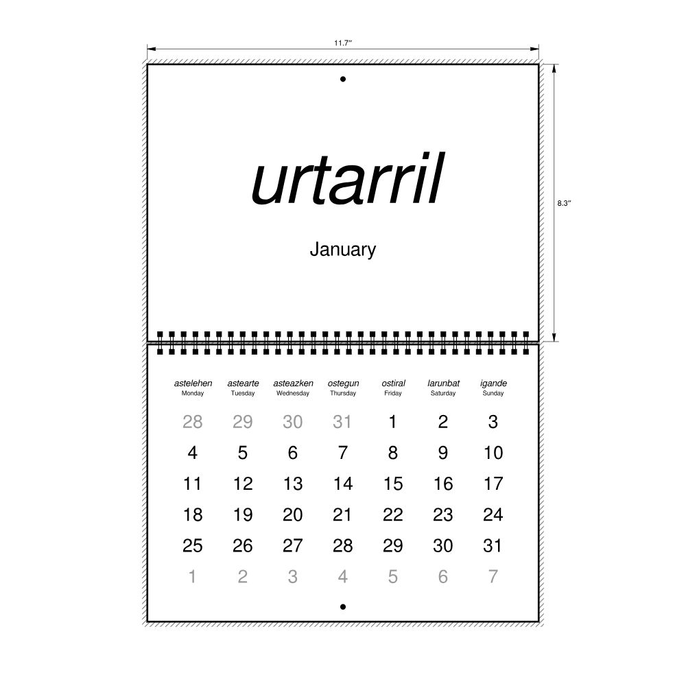 Leskoff 2027 Wall Calendar, Basque/English-Labeled, Monday-Start Layout, Wire-Bound, 11.7 x 8.3 in (29.7 x 21.0 cm), image 2 of 2