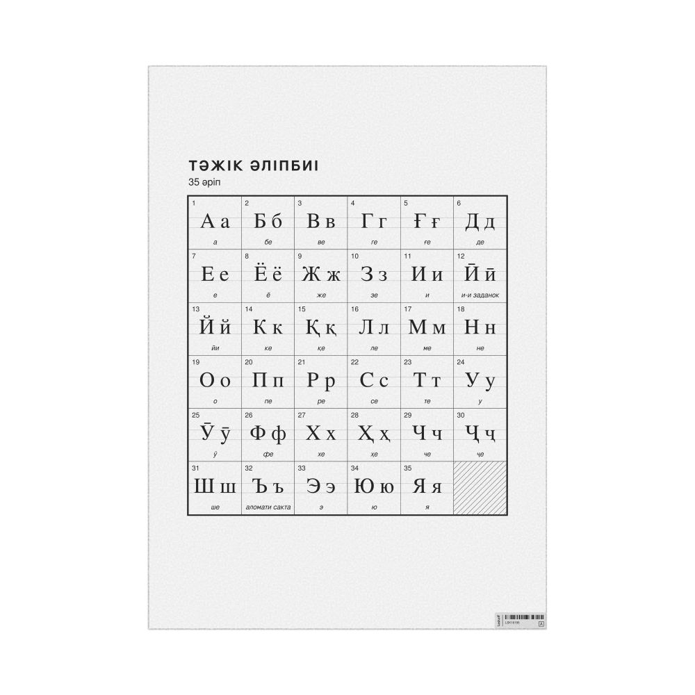 Leskoff Tajik Alphabet Chart, 23.4 x 33.1 in (59.4 x 84.1 cm, Poster / Wall Chart), Kazakh-Labeled, image 1 of 2