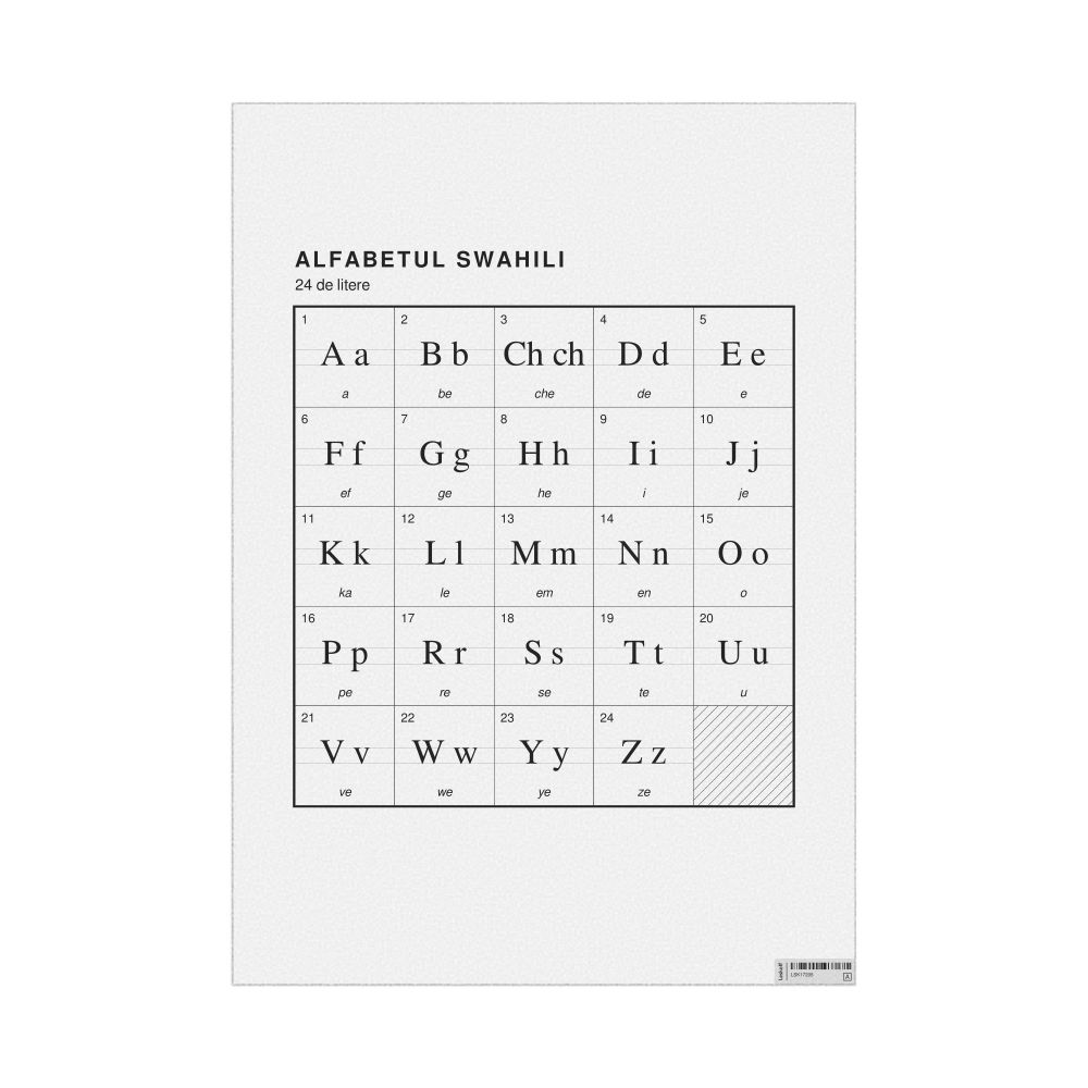 Leskoff Swahili Alphabet Chart, 23.4 x 33.1 in (59.4 x 84.1 cm, Poster / Wall Chart), Romanian-Labeled, image 1 of 2