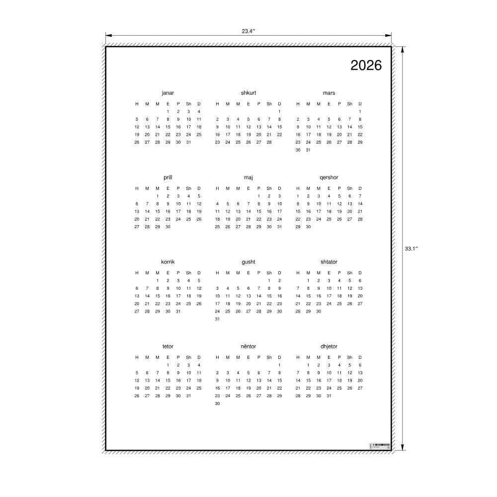 Leskoff 2026 Wall Calendar, Albanian-Labeled, Monday-Start Layout, Poster / Wall Print, 23.4 x 33.1 in (59.4 x 84.1 cm), image 2 of 2