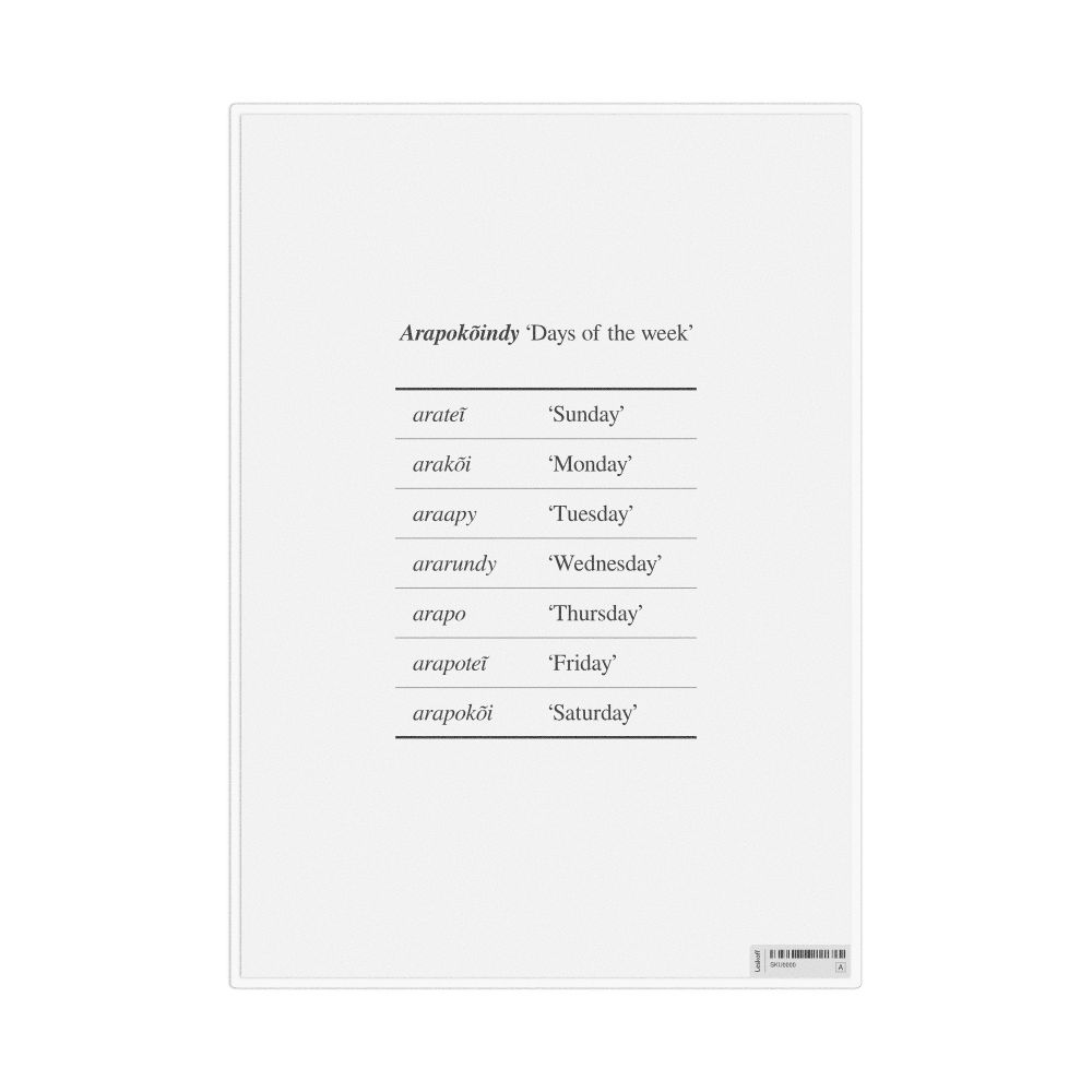 Leskoff Days of the Week in Guarani, Desk Chart, 8.3 x 11.7 in (21.0 x 29.7 cm), image 1 of 1