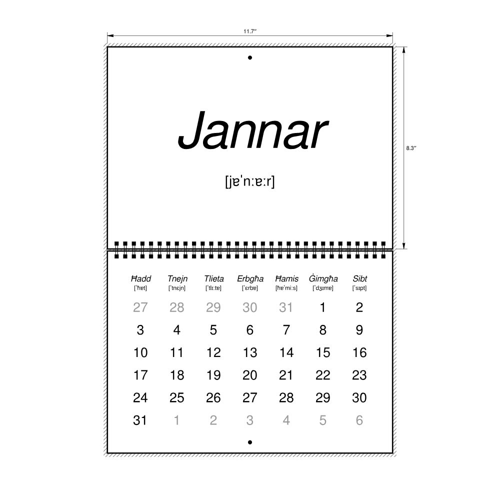 Leskoff 2027 Phonetic Wall Calendar, Maltese-Labeled with IPA, Sunday-Start Layout, Wire-Bound, 11.7 x 8.3 in (29.7 x 21.0 cm), image 2 of 2