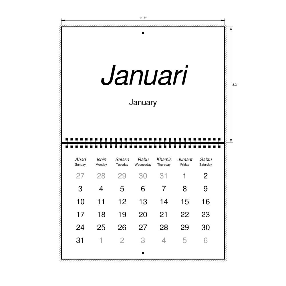 Leskoff 2027 Wall Calendar, Malay/English-Labeled, Sunday-Start Layout, Wire-Bound, 11.7 x 8.3 in (29.7 x 21.0 cm), image 2 of 2