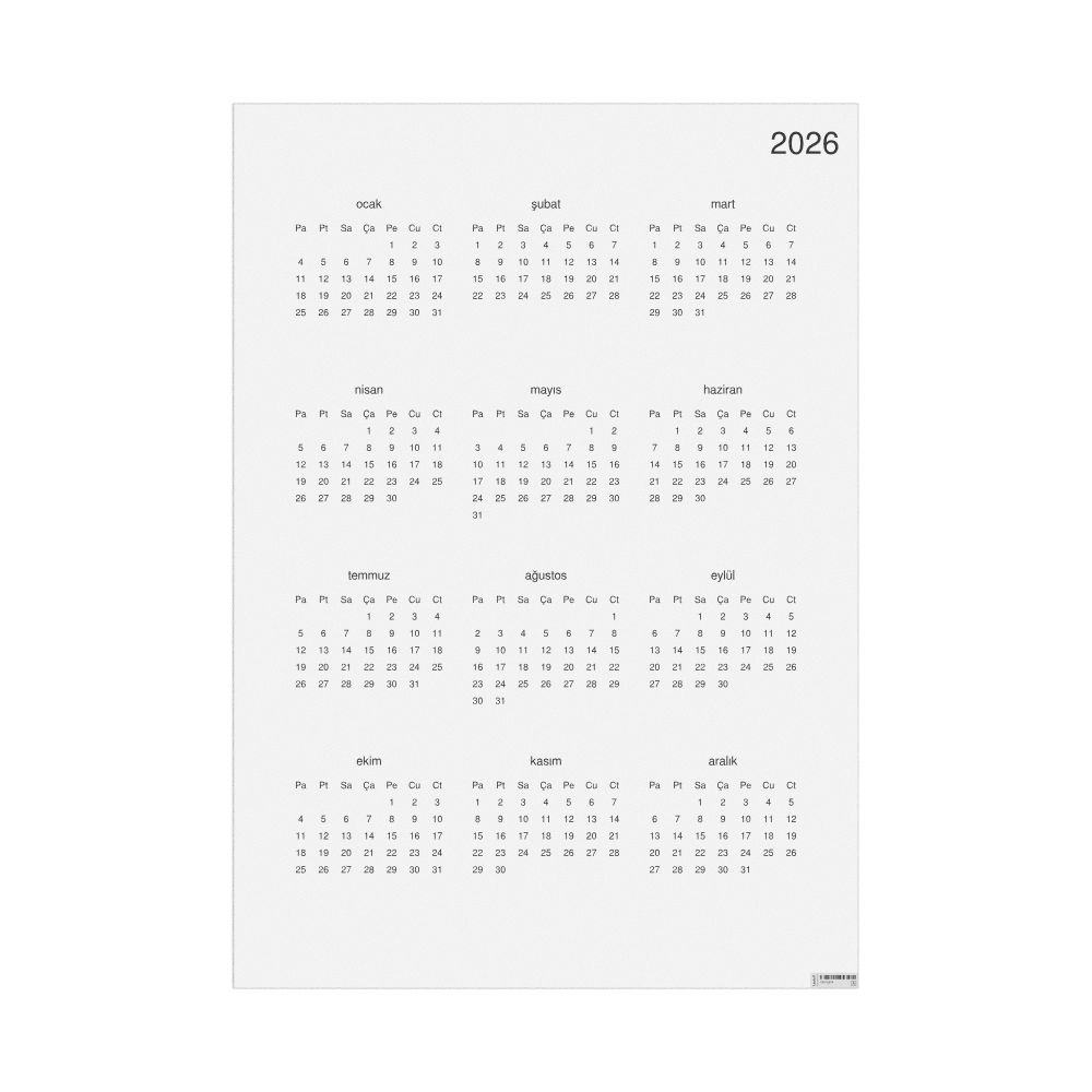 Leskoff 2026 Wall Calendar, Turkish-Labeled, Sunday-Start Layout, Poster / Wall Print, 23.4 x 33.1 in (59.4 x 84.1 cm), image 1 of 1