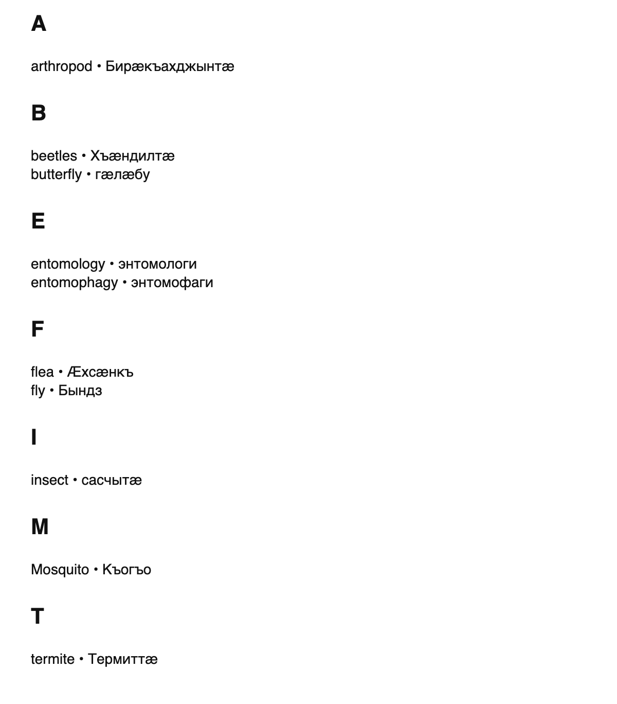 Entomology terms in Ossetian