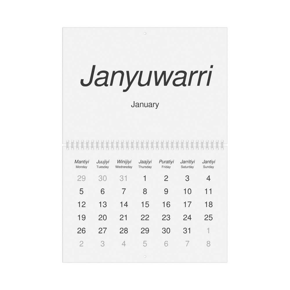 Leskoff 2026 Wall Calendar, Warlpiri/English-Labeled, Monday-Start Layout, Wire-Bound, 11.7 x 8.3 in (29.7 x 21.0 cm), image 1 of 1