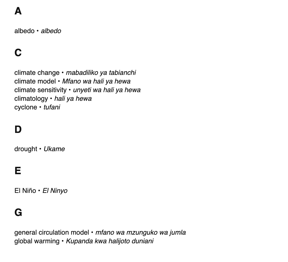 Climatology terms in Swahili