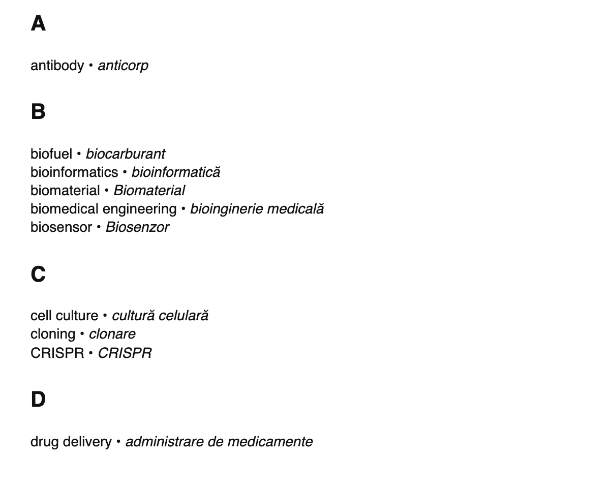 Bioengineering terms in Romanian