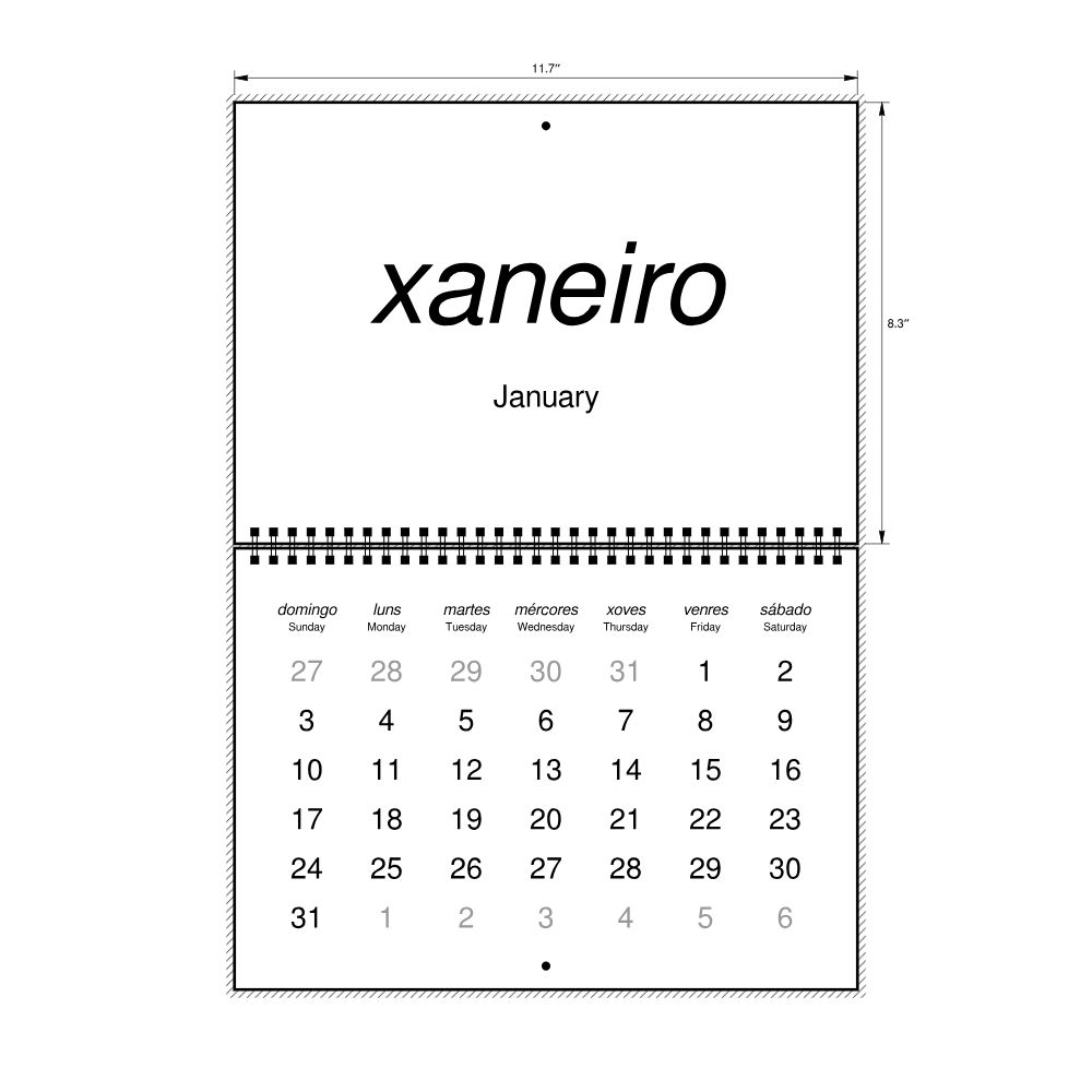 Leskoff 2027 Wall Calendar, Galician/English-Labeled, Sunday-Start Layout, Wire-Bound, 11.7 x 8.3 in (29.7 x 21.0 cm), image 2 of 2