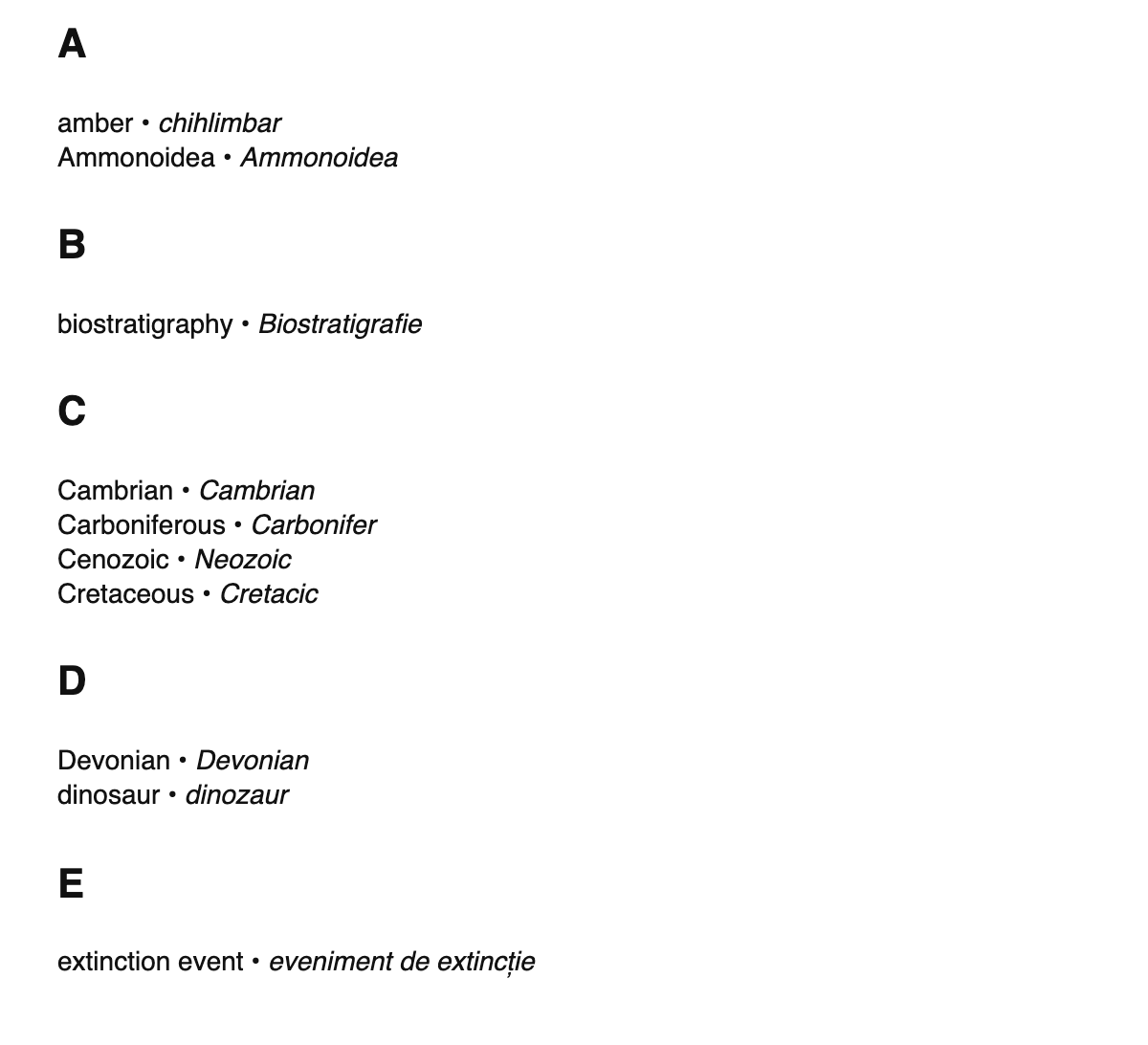 Paleontology terms in Romanian
