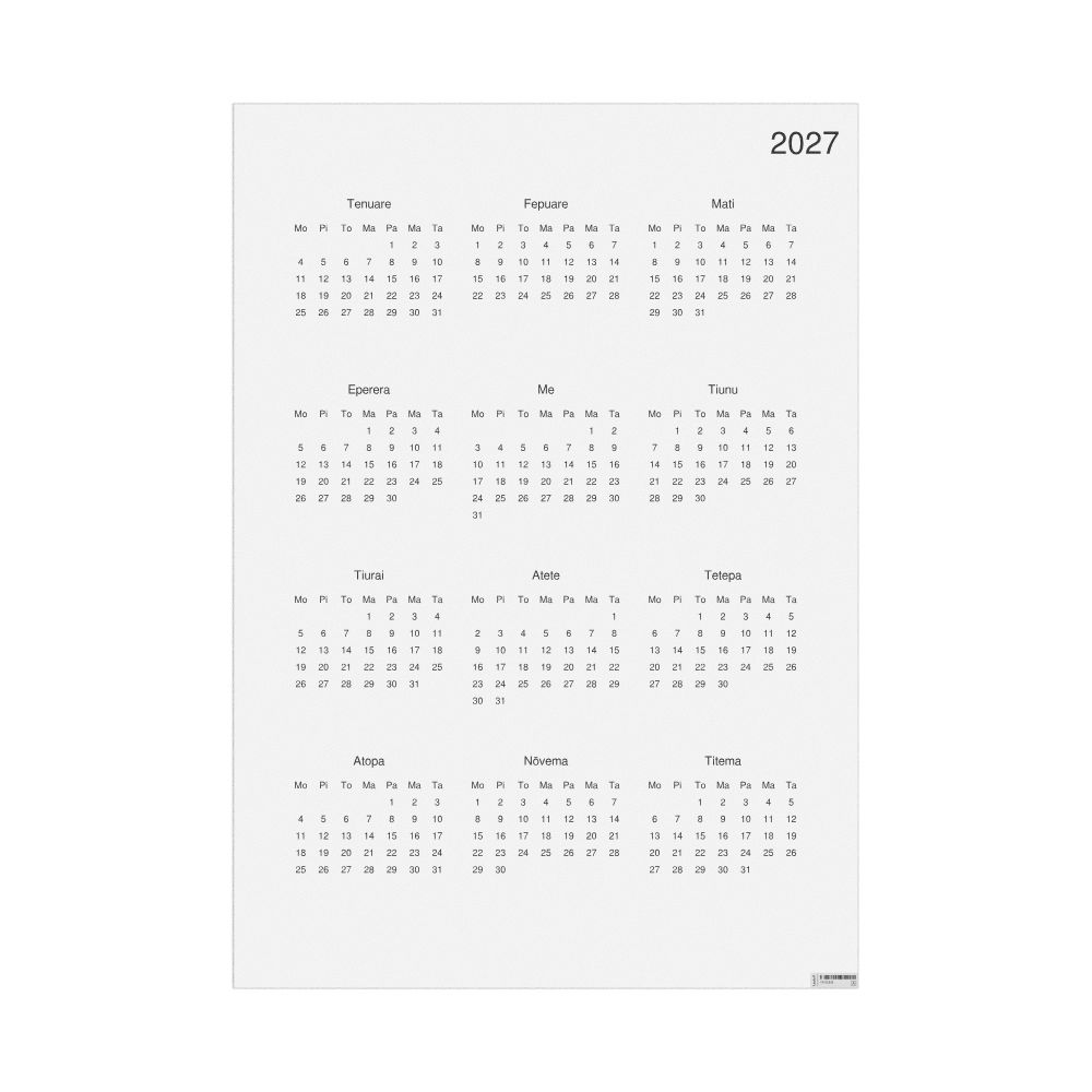 Leskoff 2027 Wall Calendar, Tahitian-Labeled, Monday-Start Layout, Poster / Wall Print, 23.4 x 33.1 in (59.4 x 84.1 cm), image 1 of 1