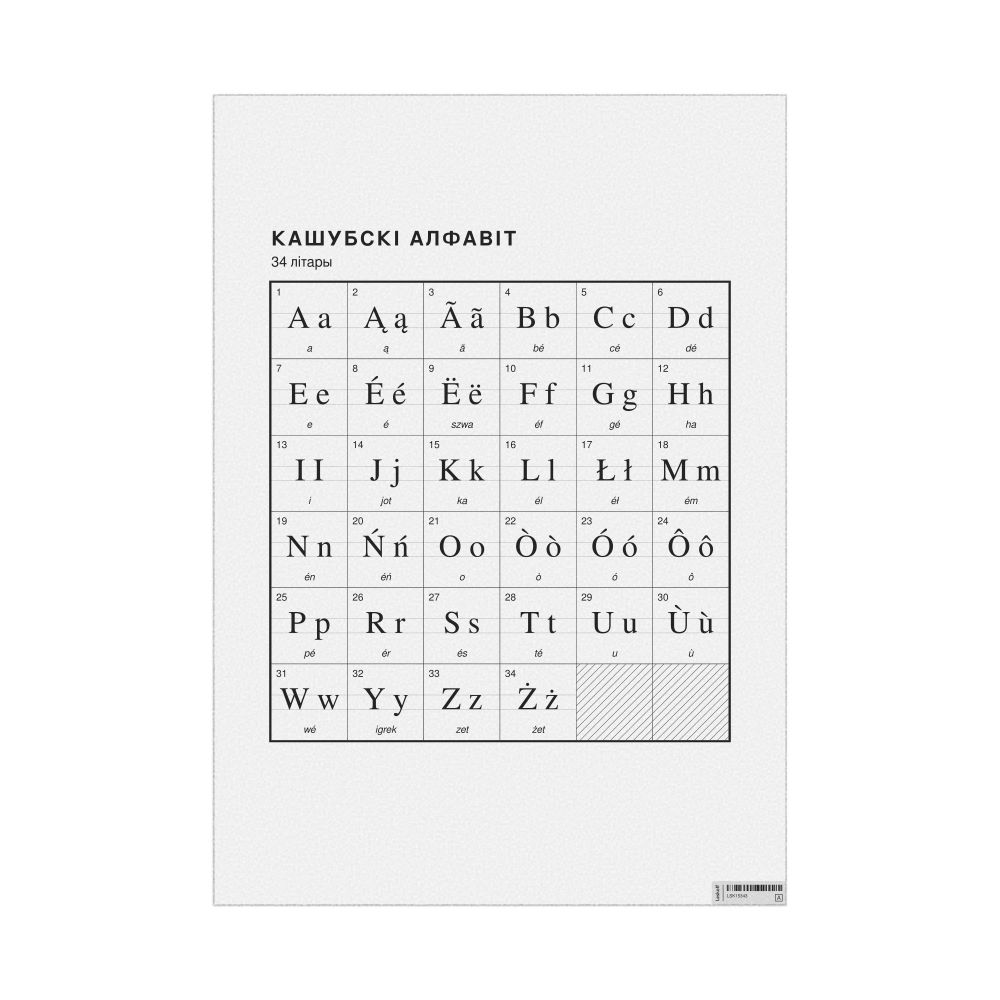 Leskoff Kashubian Alphabet Chart, 23.4 x 33.1 in (59.4 x 84.1 cm, Poster / Wall Chart), Belarusian-Labeled, image 1 of 2