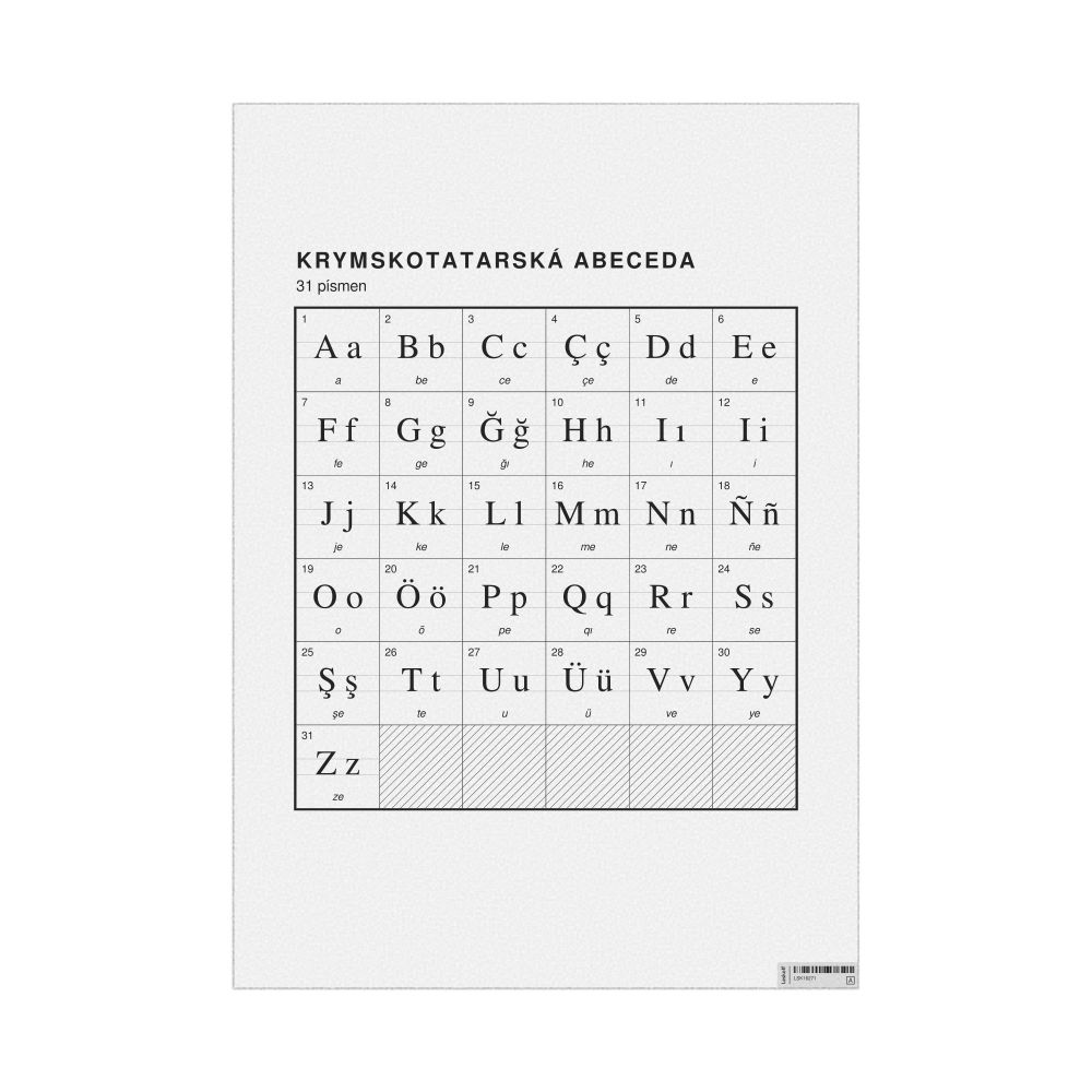 Leskoff Crimean Tatar Alphabet Chart, 23.4 x 33.1 in (59.4 x 84.1 cm, Poster / Wall Chart), Czech-Labeled, image 1 of 2