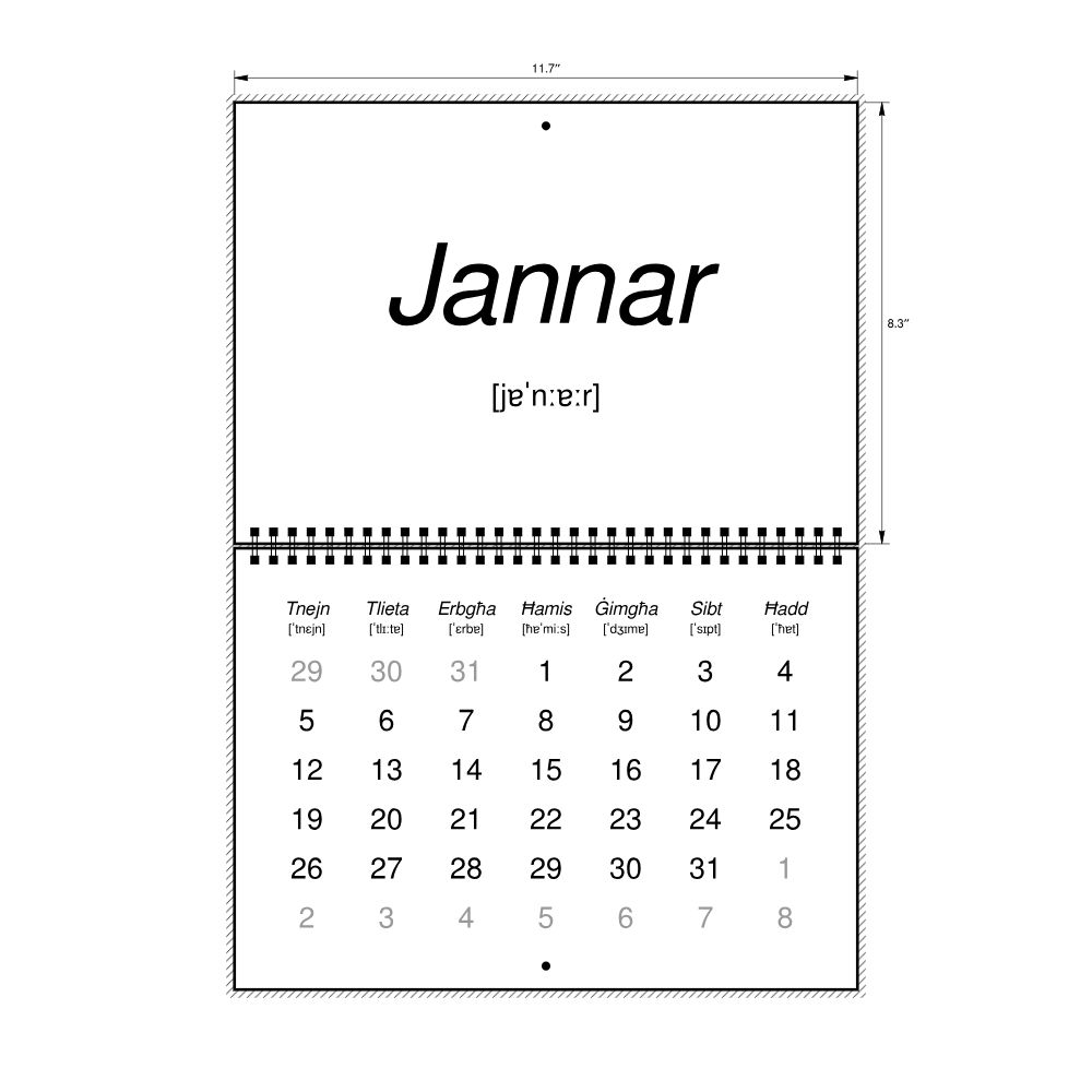 Leskoff 2026 Phonetic Wall Calendar, Maltese-Labeled with IPA, Monday-Start Layout, Wire-Bound, 11.7 x 8.3 in (29.7 x 21.0 cm), image 2 of 2