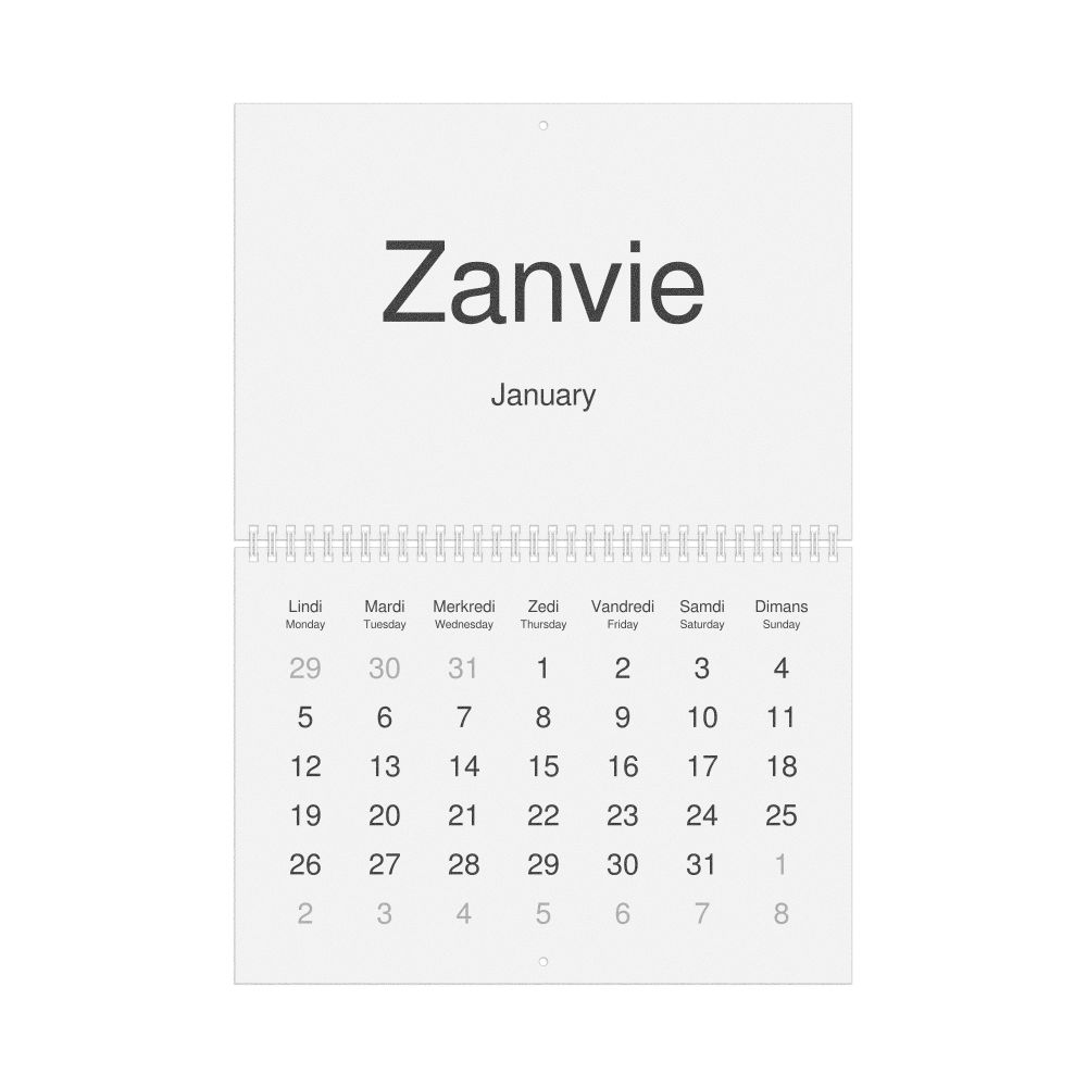 Leskoff 2026 Wall Calendar, Mauritian Creole/English-Labeled, Monday-Start Layout, Wire-Bound, 11.7 x 8.3 in (29.7 x 21.0 cm), image 1 of 1
