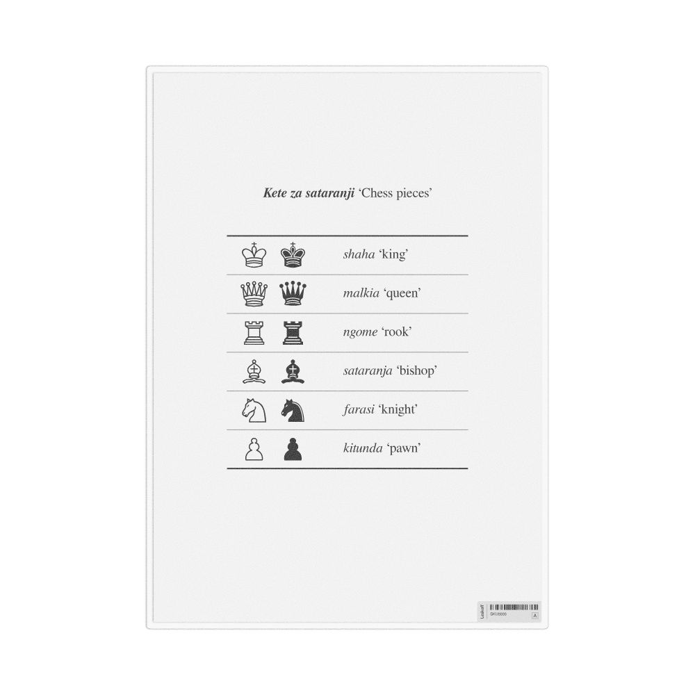 Leskoff Chess Pieces in Swahili, Desk Chart, 8.3 x 11.7 in (21.0 x 29.7 cm), image 1 of 1