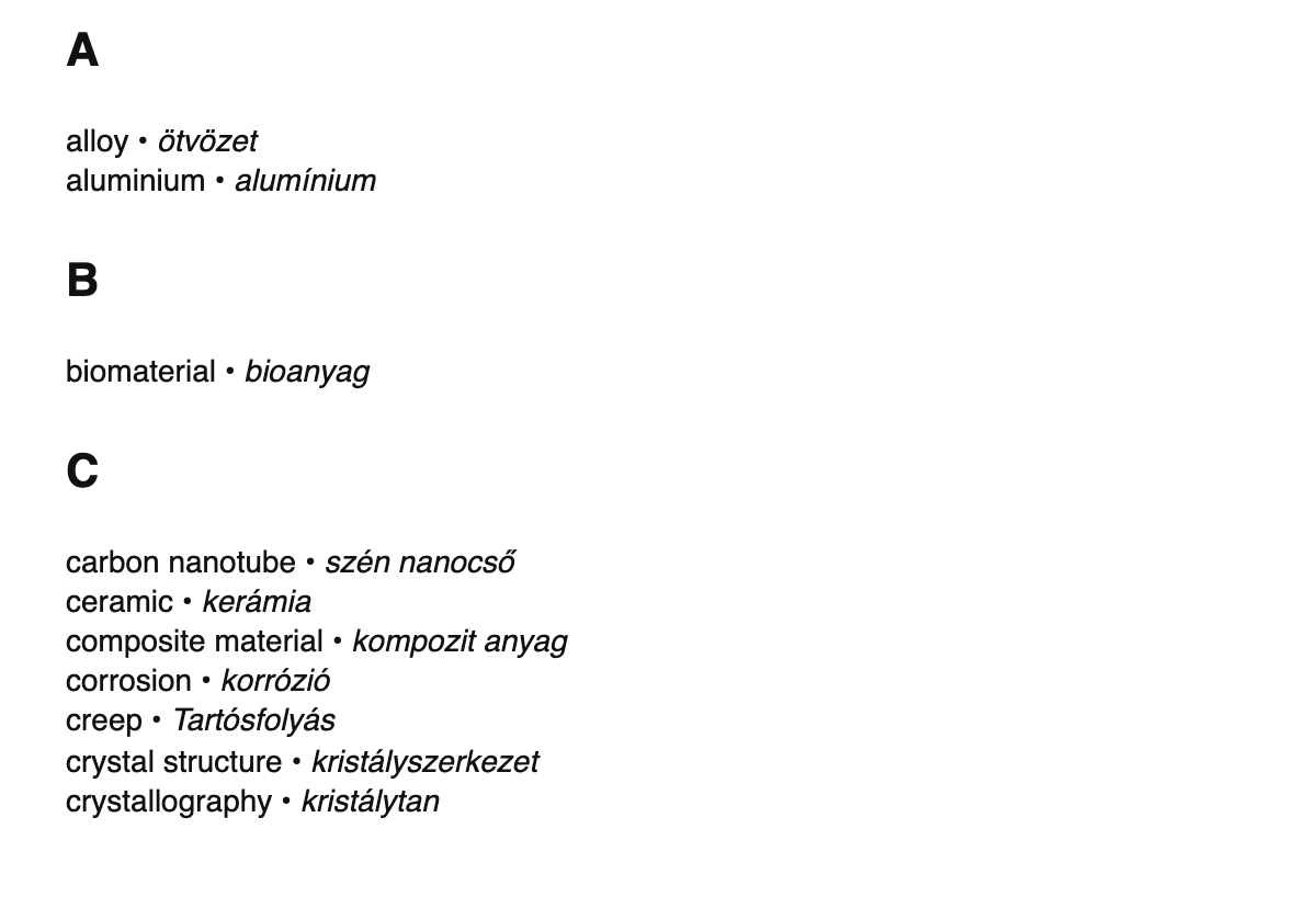 Materials science terms in Hungarian