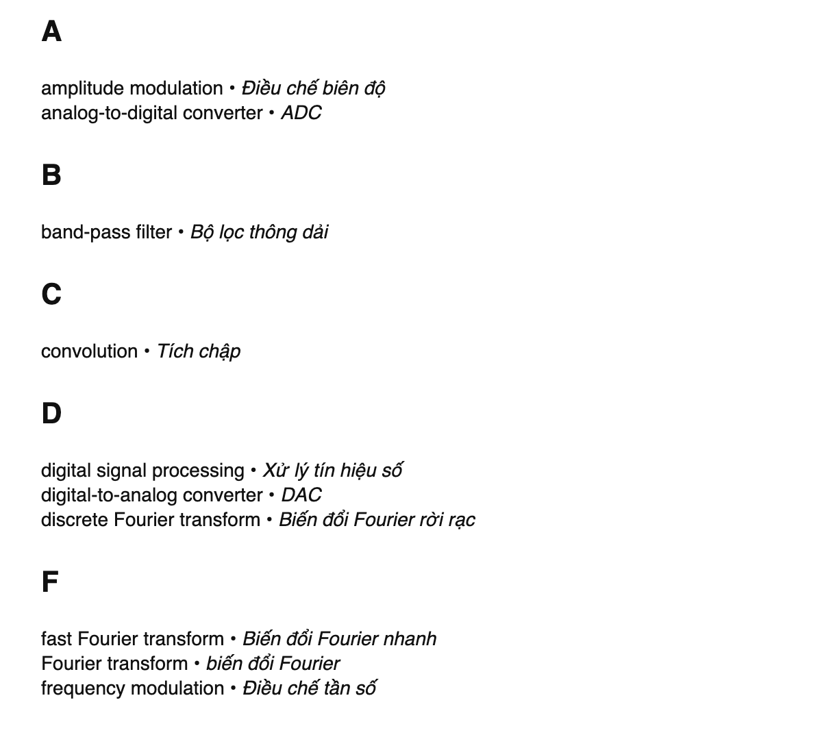 Digital signal processing terms in Vietnamese