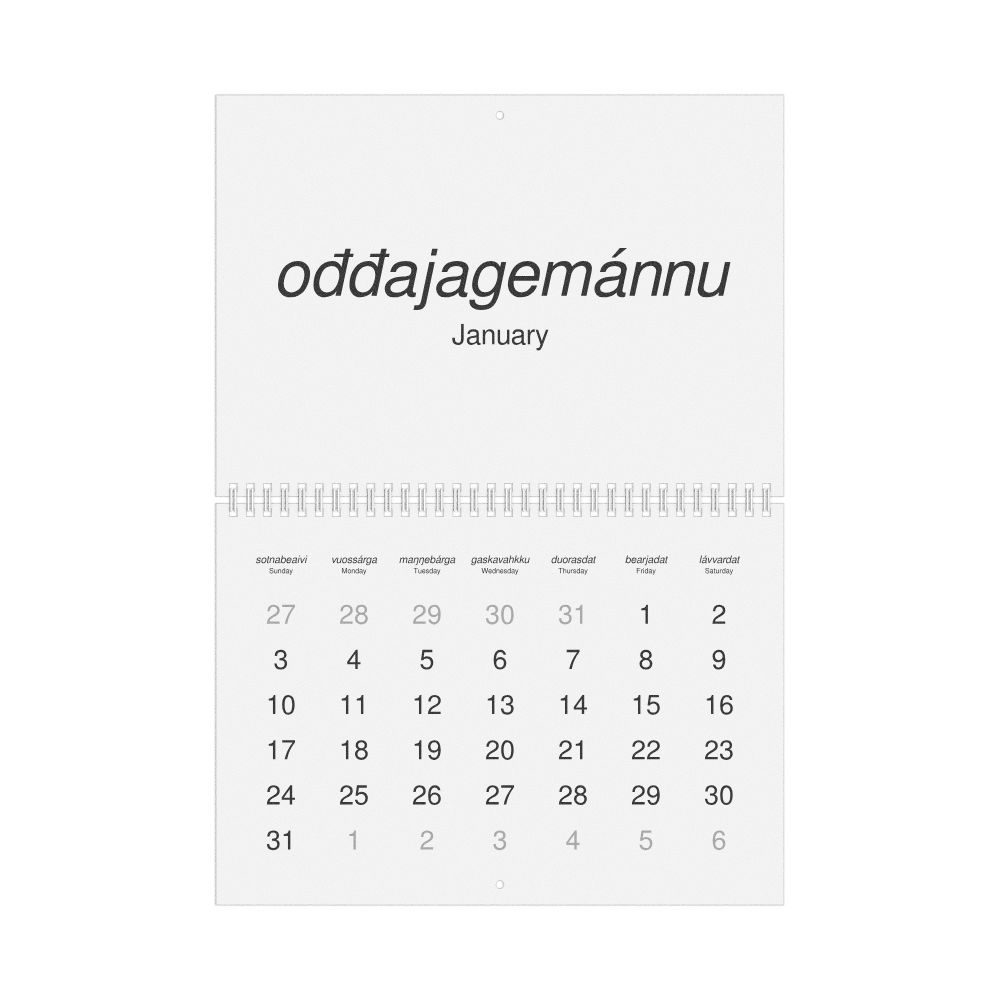 Leskoff 2027 Wall Calendar, Northern Sámi/English-Labeled, Sunday-Start Layout, Wire-Bound, 11.7 x 8.3 in (29.7 x 21.0 cm), image 1 of 1