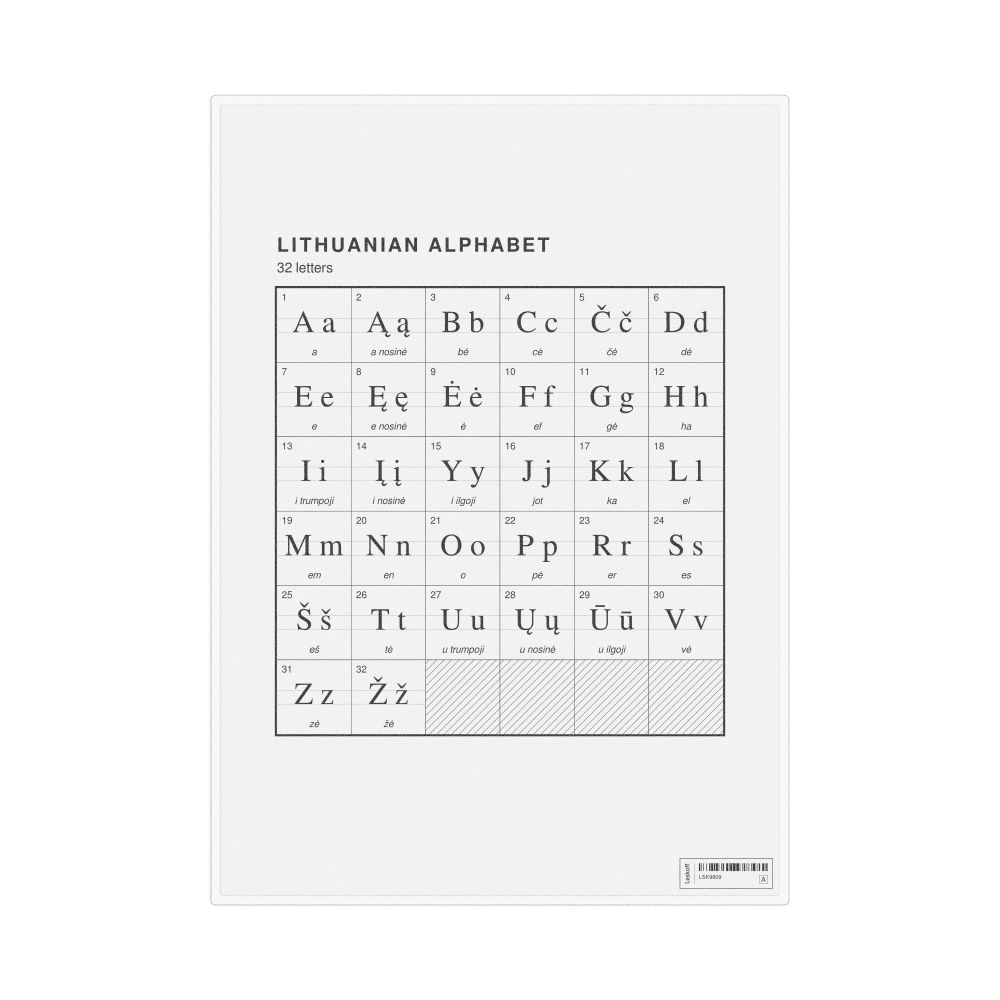 Leskoff Lithuanian Alphabet Chart, 8.3 x 11.7 in (21.0 x 29.7 cm, Desk Chart, Laminated), image 1 of 2