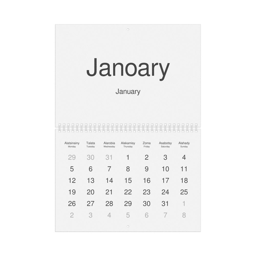 Leskoff 2026 Wall Calendar, Malagasy/English-Labeled, Monday-Start Layout, Wire-Bound, 11.7 x 8.3 in (29.7 x 21.0 cm), image 1 of 1