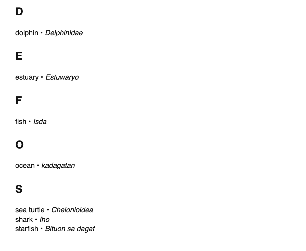 Marine biology terms in Cebuano