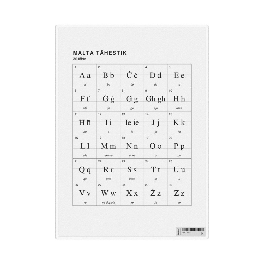 Leskoff Maltese Alphabet Chart, 8.3 x 11.7 in (21.0 x 29.7 cm, Desk Chart, Laminated), Estonian-Labeled, image 1 of 2