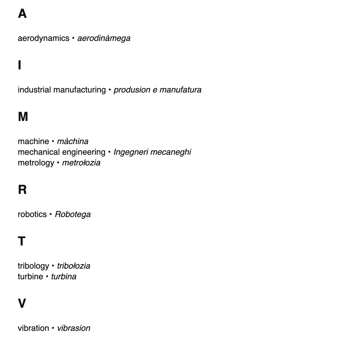 Mechanical engineering terms in Venetian