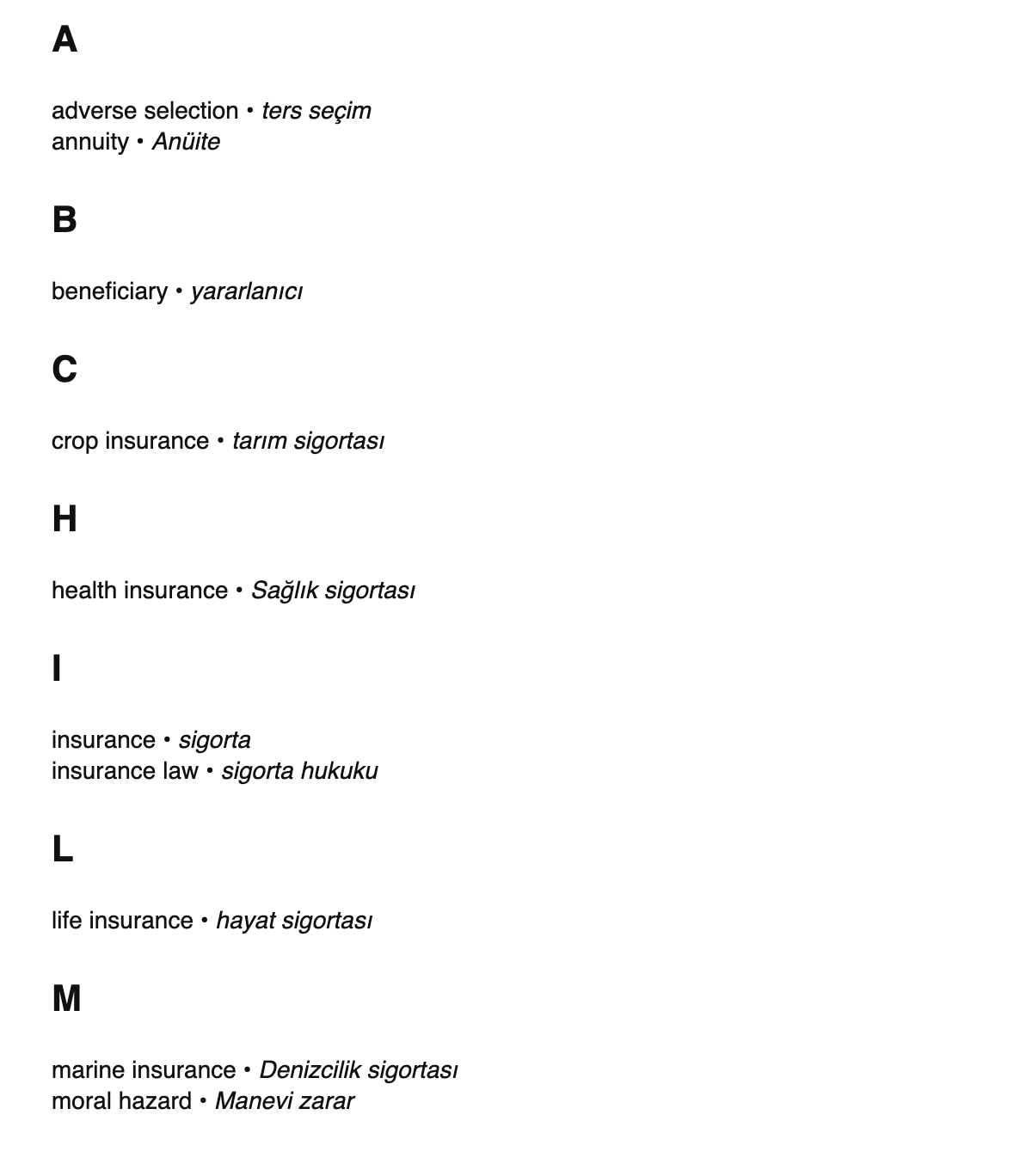 Insurance terms in Turkish