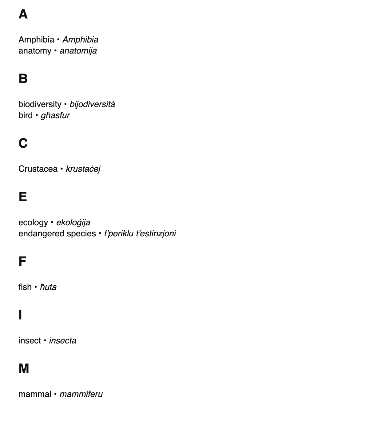 Zoology terms in Maltese