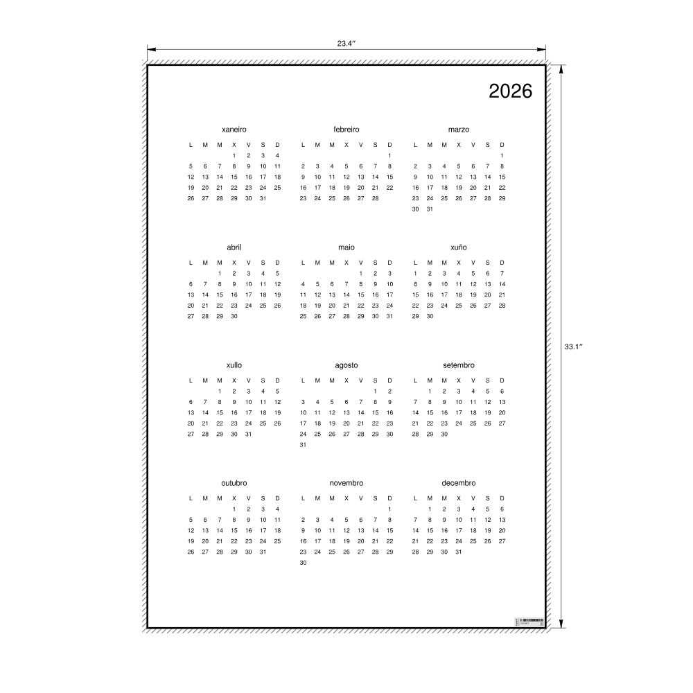 Leskoff 2026 Wall Calendar, Galician-Labeled, Monday-Start Layout, Poster / Wall Print, 23.4 x 33.1 in (59.4 x 84.1 cm), image 2 of 2