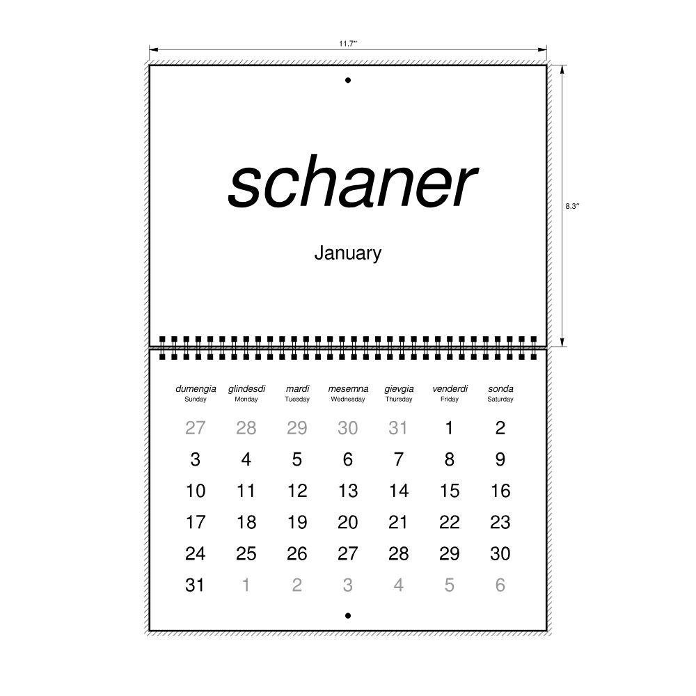 Leskoff 2027 Wall Calendar, Romansh/English-Labeled, Sunday-Start Layout, Wire-Bound, 11.7 x 8.3 in (29.7 x 21.0 cm), image 2 of 2