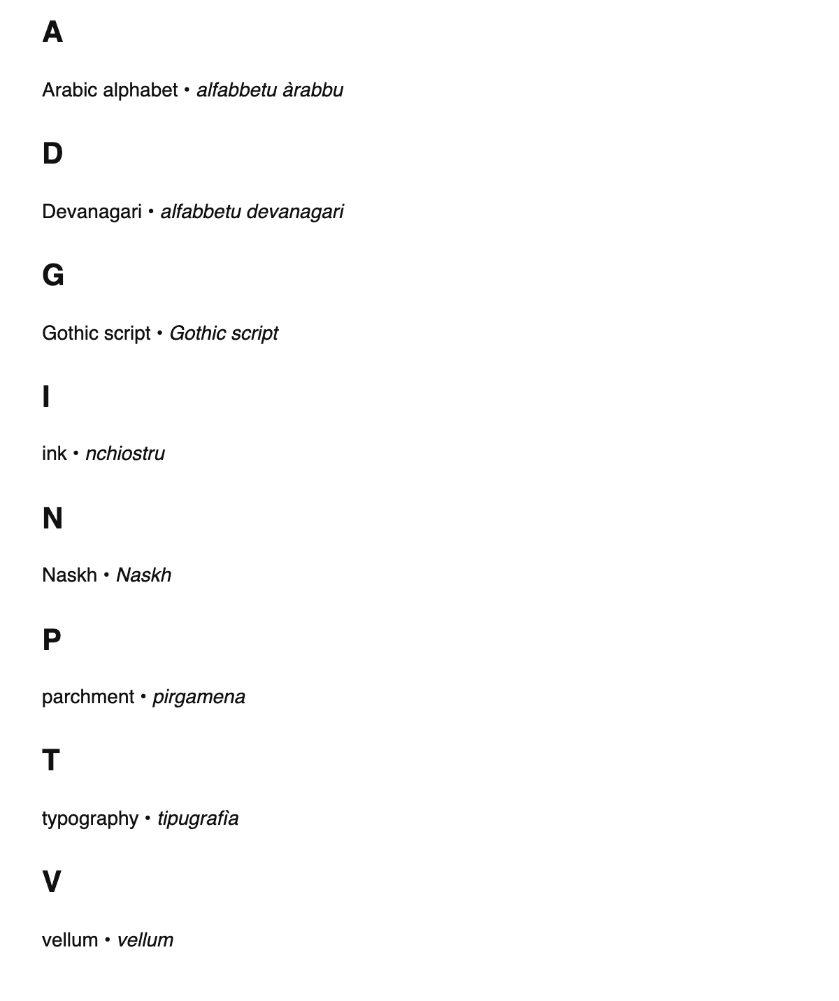 Calligraphy terms in Sicilian