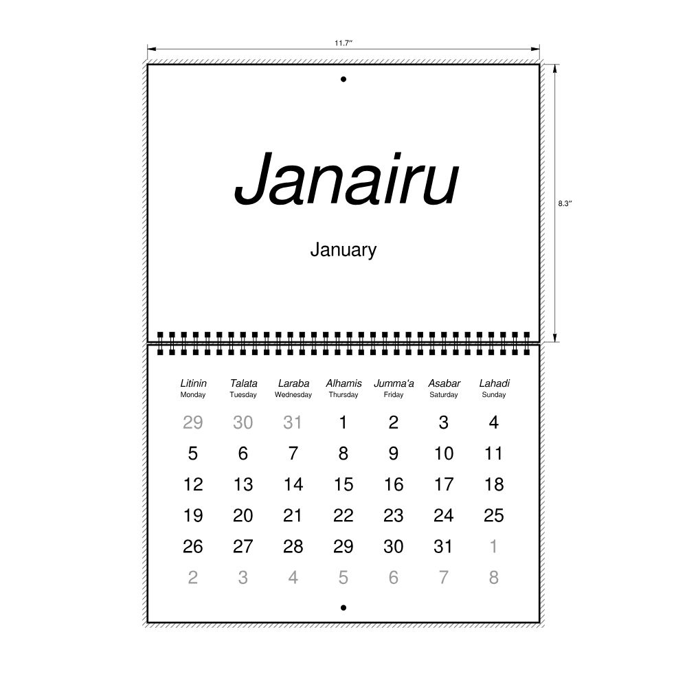 Leskoff 2026 Wall Calendar, Hausa/English-Labeled, Monday-Start Layout, Wire-Bound, 11.7 x 8.3 in (29.7 x 21.0 cm), image 2 of 2