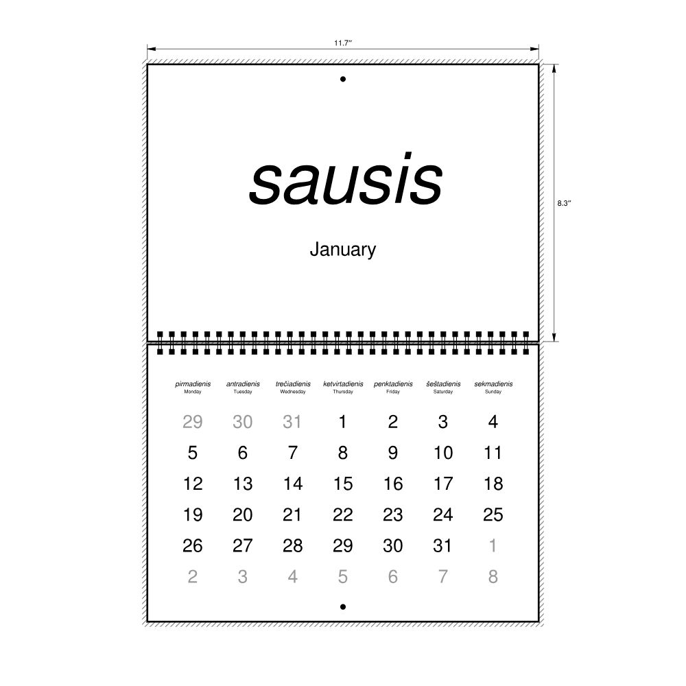 Leskoff 2026 Wall Calendar, Lithuanian/English-Labeled, Monday-Start Layout, Wire-Bound, 11.7 x 8.3 in (29.7 x 21.0 cm), image 2 of 2