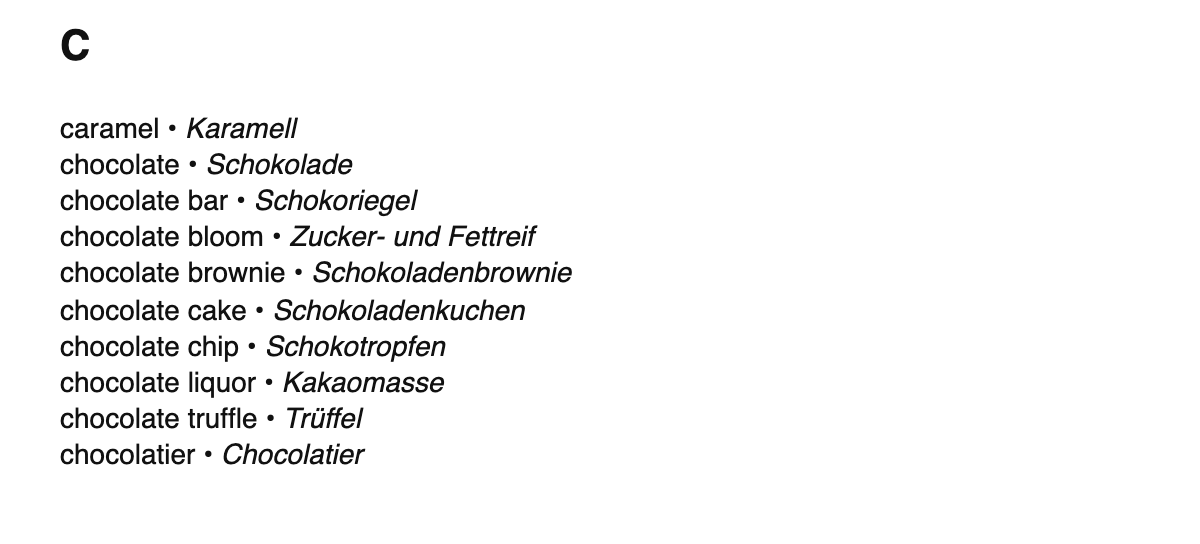 Chocolate terms in German