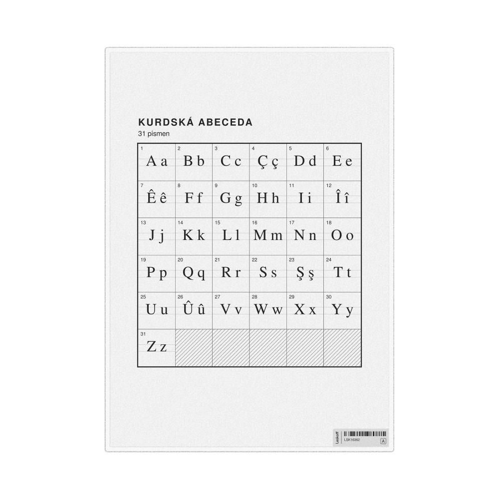 Leskoff Kurdish Alphabet Chart, 8.3 x 11.7 in (21.0 x 29.7 cm, Desk Chart, Laminated), Czech-Labeled, image 1 of 2