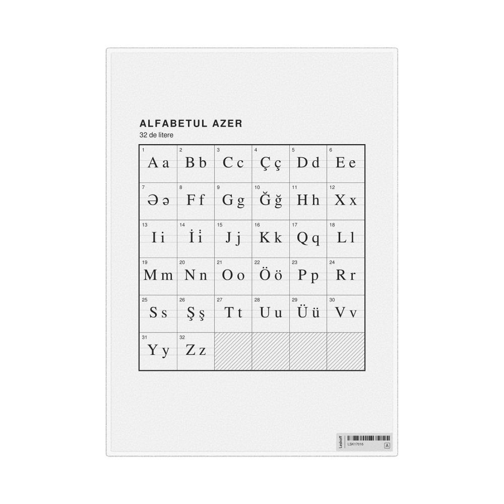 Leskoff Azerbaijani Alphabet Chart, 8.3 x 11.7 in (21.0 x 29.7 cm, Desk Chart, Laminated), Romanian-Labeled, image 1 of 2